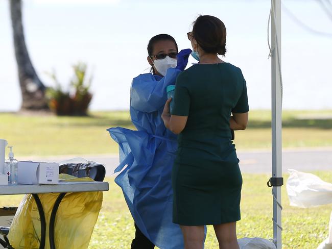 Queensland's prettiest Covid-19 testing clinic has been temporarily set up on the Cairns Esplanade foreshore and staffed by QML pathologists. Picture: Brendan Radke