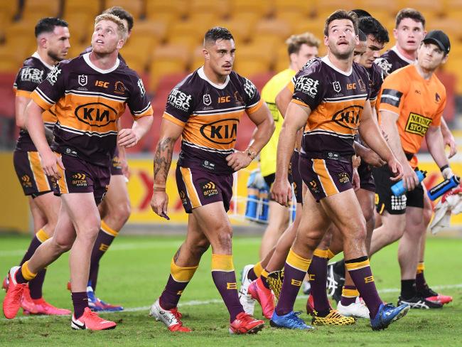 Brisbane players watch the ball from another conversion during their heavy defeat to Parramatta in Round 3. Picture: Getty