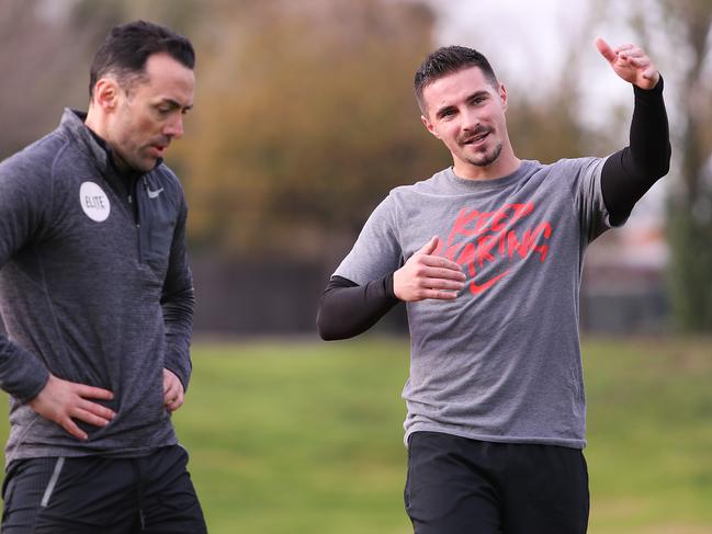 MELBOURNE, AUSTRALIA - MAY 14: Melbourne City Striker Jamie Maclaren (R) training at Aberfeldie Running Track on May 14, 2020 in Melbourne, Australia. (Photo by Jack Thomas/Getty Images)
