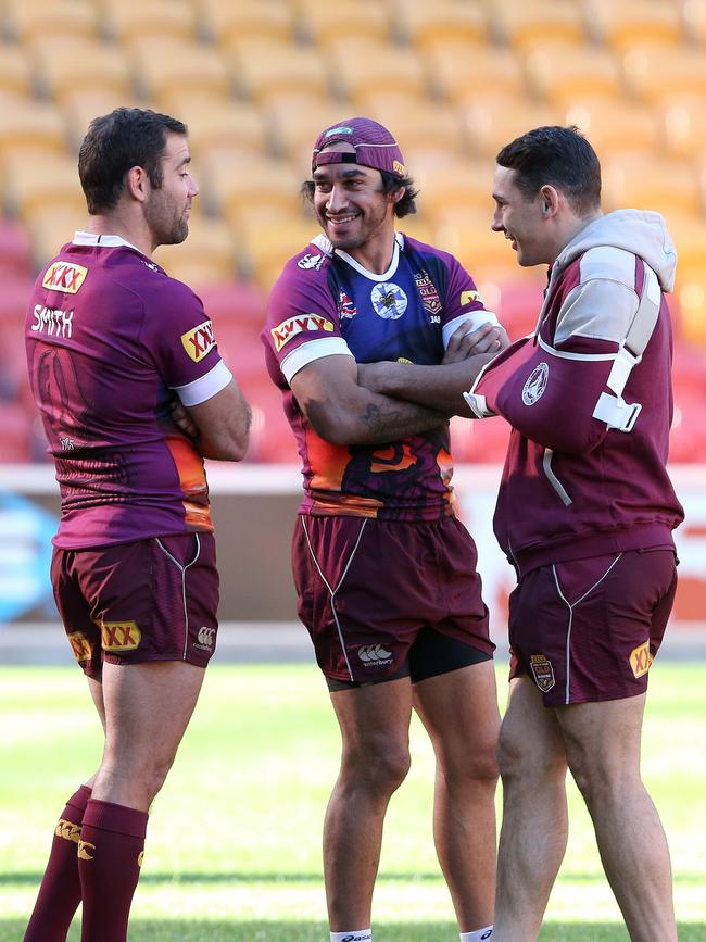 Smith, Thurston and Slater in Maroons camp in 2015. Picture: Adam Head