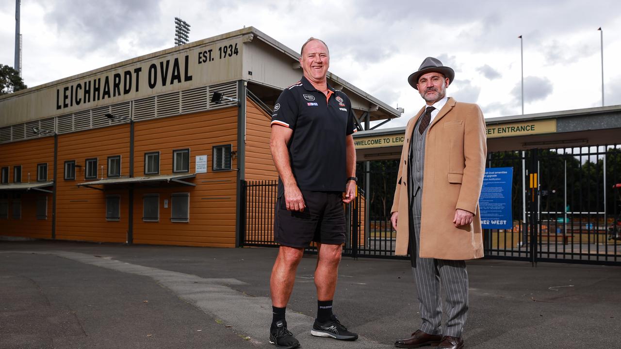 Wests Tigers chairman Lee Hagipantelis (R) with Balmain legend Paul Sironen. Picture: Justin Lloyd.