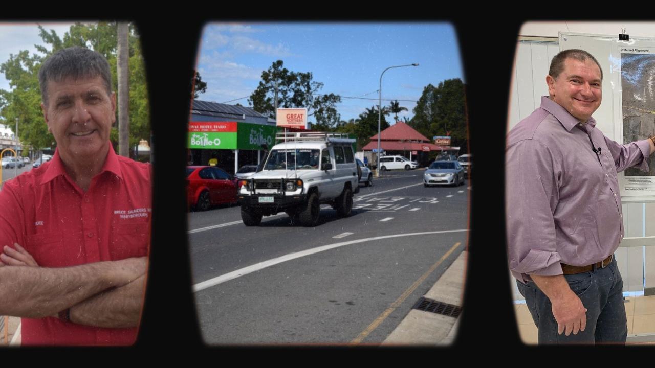 (L) State Member for Maryborough Bruce Saunders, (Mid) Traffic travelling through Tiaro, (Right) Federal Member for Wide Bay Llew O'Brien. Photos: Stuart Fast