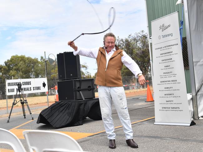 Andrew Forrest touring the RM Williams manufacturing floor in Salisbury. Picture: Keryn Stevens