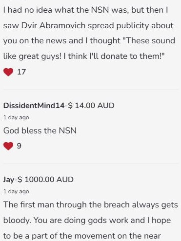 The site allows donors to leave a comment. Picture: GiveSendGo.