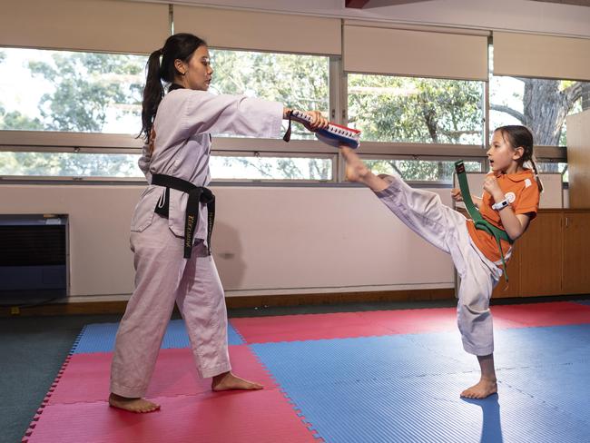 Master Kang and Amelia Morgan, 8, keeping active at Inspire Carlingford. Picture: NCA NewsWire/ Monique Harmer