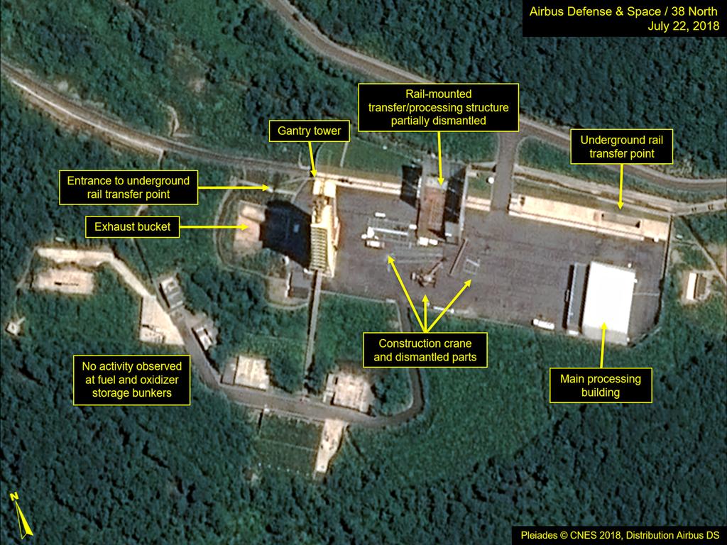 This July 22, 2018, satellite image released and annotated by 38 North shows the partial dismantling of the rail-mounted transfer structure, at the Sohae launch site in North Korea. Picture: AP