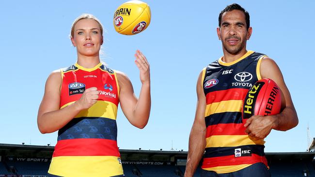 Abbey Holmes with Eddie Betts at AAMI Stadium in 2018. Picture: Dylan Coker