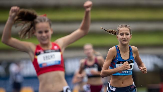 NSW athlete Piper Simpson from Malabar finishes a gallant second behind SA athlete Tessa Ebert at the Australian titles.