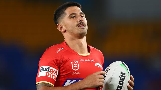 GOLD COAST, AUSTRALIA - MARCH 30: Jeremy Marshall-King of the Dolphins warms up during the round four NRL match between Gold Coast Titans and Dolphins at Cbus Super Stadium, on March 30, 2024, in Gold Coast, Australia. (Photo by Chris Hyde/Getty Images)