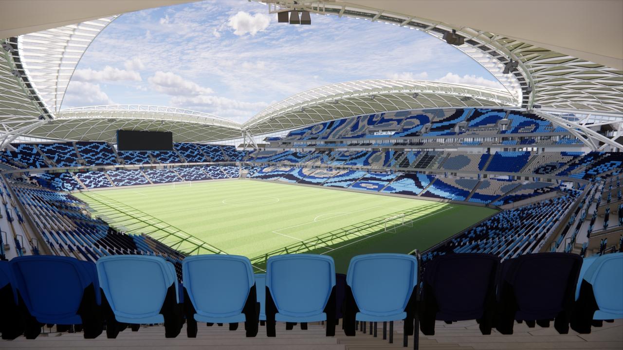 The seating design for the rebuilt Sydney Football Stadium features the theme of worlds colliding.