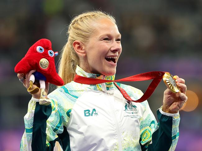 Low celebrates her third straight long jump gold medal. Picture: Alex Slitz/Getty Images