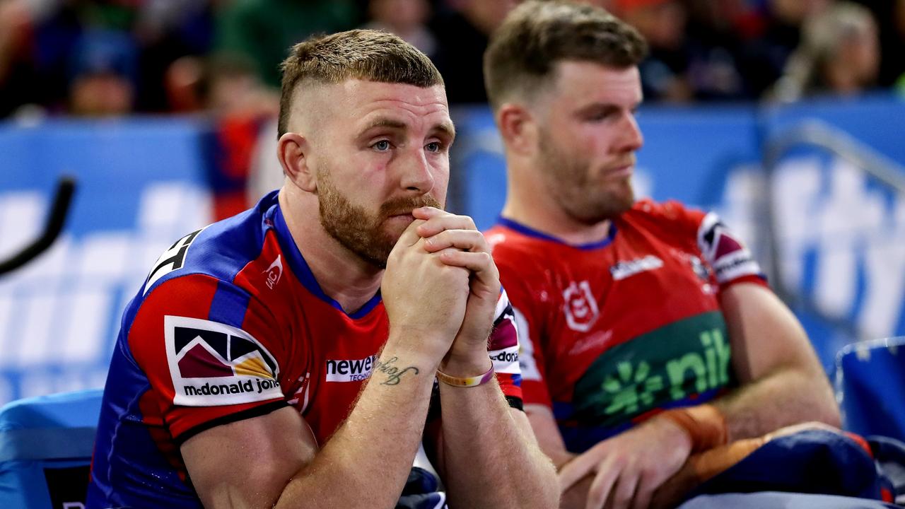 NEWCASTLE, AUSTRALIA - SEPTEMBER 10: Jackson Hastings of the Knights looks on from the benchduring the NRL Elimination Final match between Newcastle Knights and Canberra Raiders at McDonald Jones Stadium on September 10, 2023 in Newcastle, Australia. (Photo by Brendon Thorne/Getty Images)