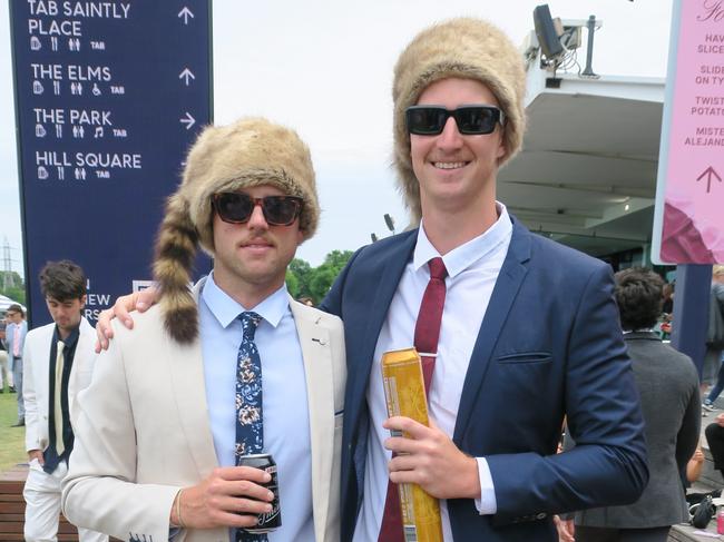 Hayden Scurr and Mason Hilyard at Seppelt Wines Stakes Day 2024 at Flemington Racecourse. Picture: Gemma Scerri