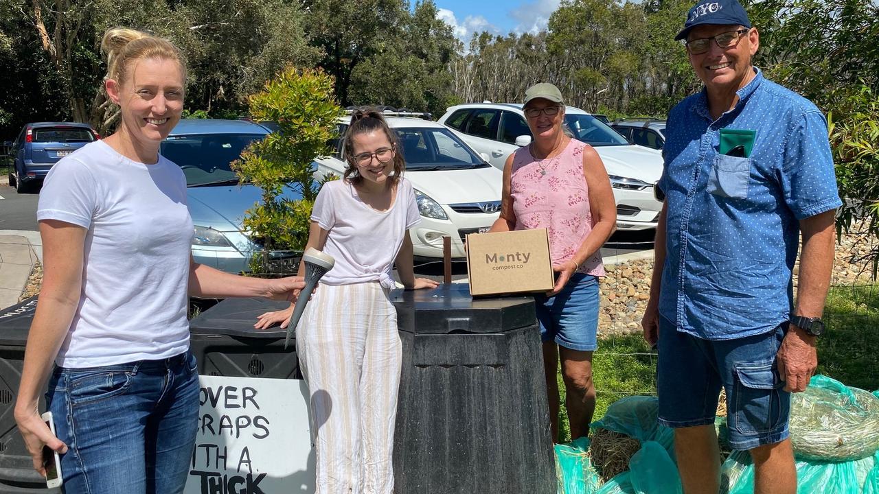 Julie Leake, the Monty inventor developer Ashley Baxter, Karen Sell, Ron Bollard at Veggie Village as the composting trial begins.