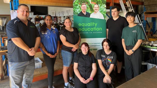 Equality Education director Arthur Burchett with students Carcia Nallajar, Ngaire Pearson, Hannah Dawson, Nirvana Bird, David Frewen-lord, and barista Summer Kim at Coffee Presto. Picture: Supplied.