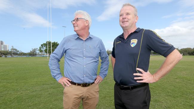 L-R Sports Gold Coast chairman Geoff Smith and Gold Coast United chairman Danny pictured in Southport. The pair are behind a push for a 5000-seat stadium on the GC. Maher Picture Mike Batterham