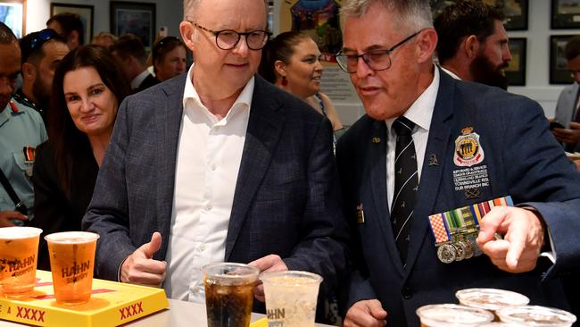 Senator Jacqui Lambie, Prime Minister Anthony Albanese and Townsville RSL president Wayne Preedy at Townsville RSL. Picture: Evan Morgan