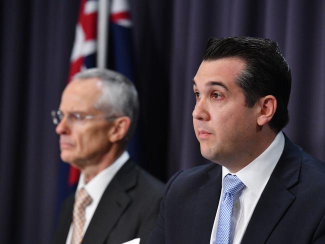 Assistant Minister to the Treas­urer Michael Sukkar and Australian Competition and Consumer Commission chairman Rod Sims at a press conference about the recall. Picture: AAP