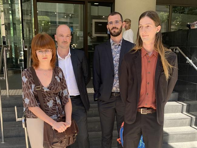 Disrupt Burrup activists (L-R) Matilda Lane-Rose, Jesse Noakes, Gerard Mazza and Emil Davey attend Perth Magistrates Court on Tuesday 4th February, 2025 for an attempted protest outside Woodside chief executive Meg O'Neill's home in 2023. Picture: Paul Garvey