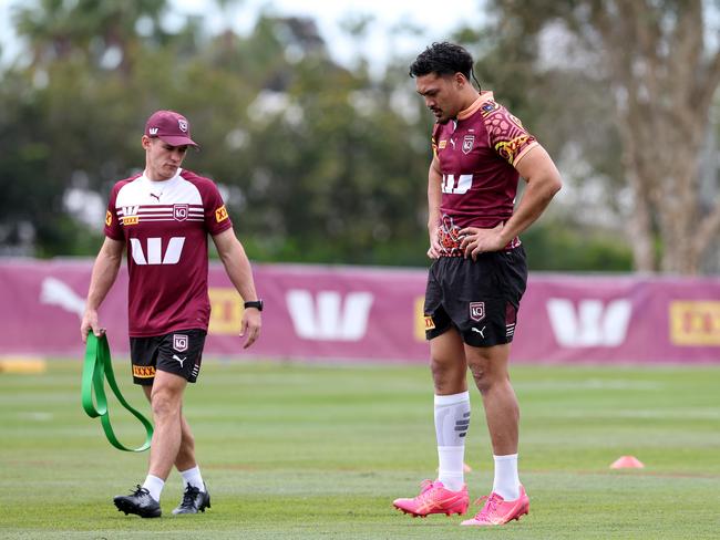 Jeremiah Nanai doing a fitness test at Sanctuary Cove on the Gold Coast ahead of Origin II in Melbourne. Picture: Adam Head