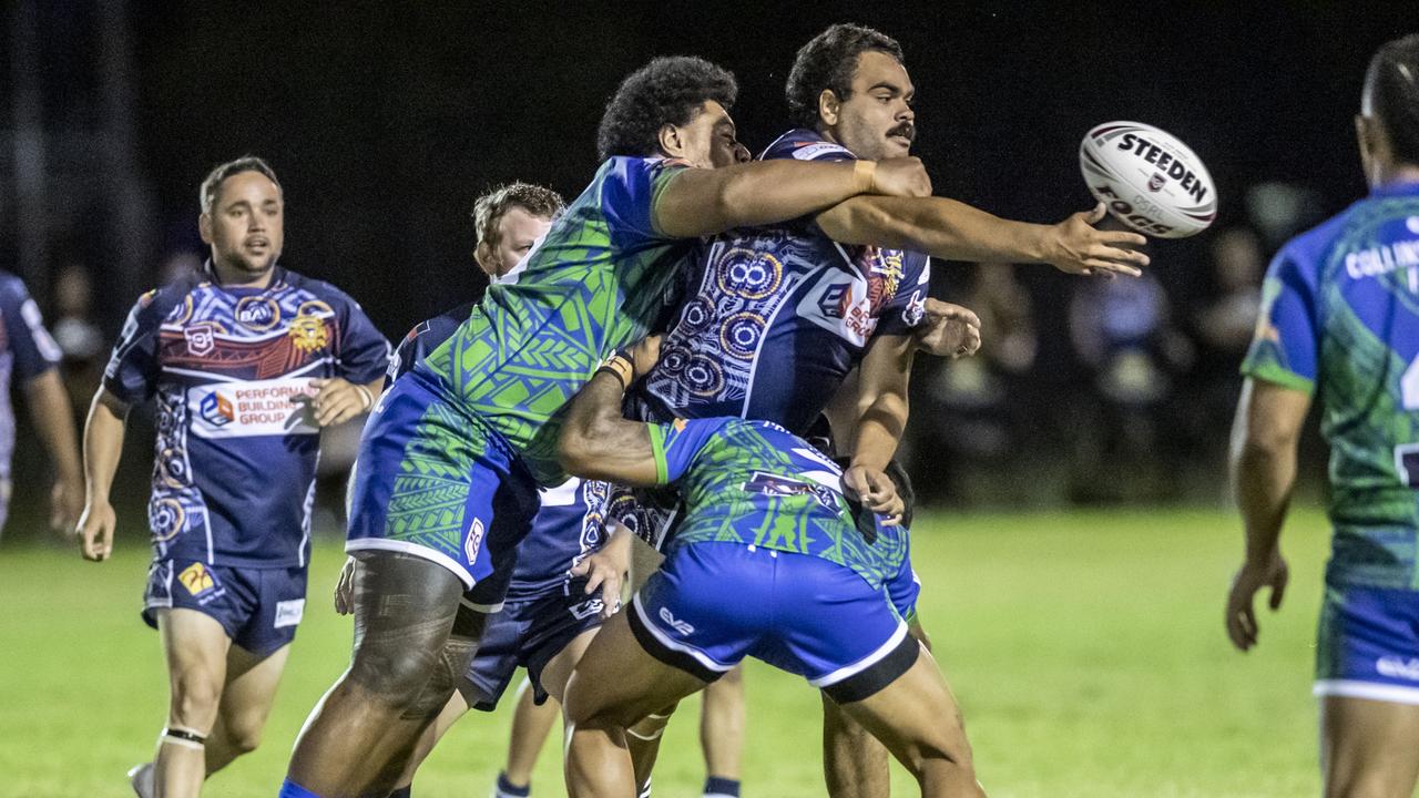 Damien McIntosh gets the ball away for Emus. 2023 TRL Cultural Cup, SW Qld Emus vs Pacific Nations Toowoomba. Saturday, February 25, 2023. Picture: Nev Madsen.