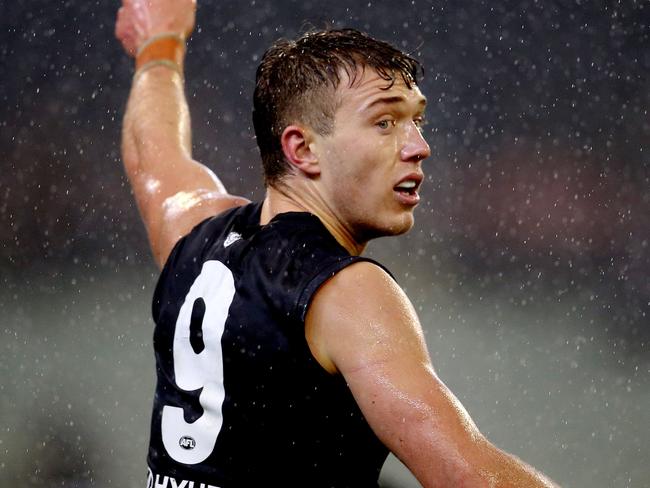 AFL Round 21. 11/08/2019.  Richmond v Carlton at the MCG.   Patrick Cripps of the Blues in the rain at the MCG  . Pic: Michael Klein