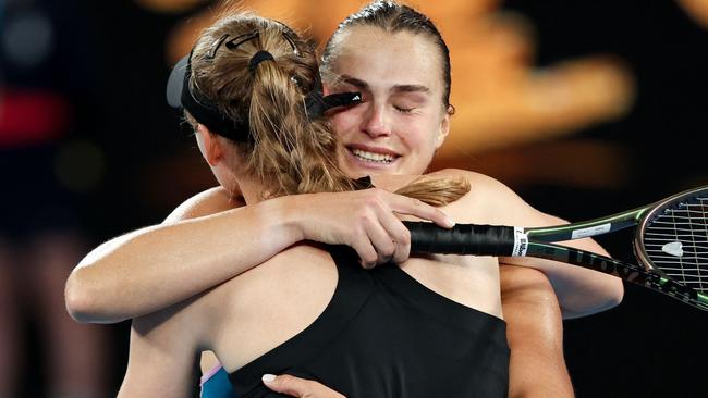 Aryna Sabalenka embraces Elena Rybakina after the final point. Picture: AFP Images