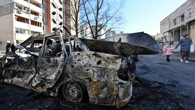 A car destroyed by shelling in Kyiv, Ukraine. Picture: AFP