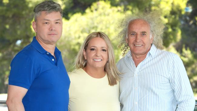 Wendy Smith, mother of footballer Antonio Lo Iacono who died after being hit on the head during a footy game, with neuroscientist, Professor Alan Pearce,(L), and former Hawthorn AFL great, John Platten. Wendy is holding a fundraiser at Grange Golf Club for the Concussion Legacy Foundation. It will include a panel discussion about concussion that will involve expert Alan Pearce and SA footy champion John Platten. 13 December 2024. Picture: Dean Martin