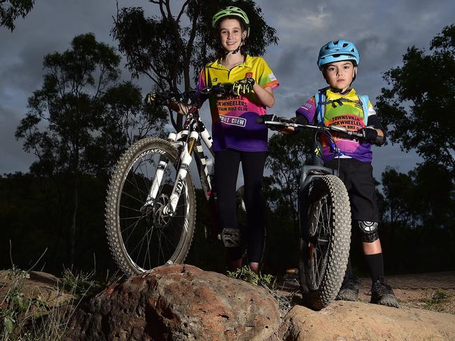 Townsville Rockwheelers Mountain Bike riders Cooper Scmidt, 7, and Gabriella Parenti, 11. PICTURE: MATT TAYLOR.