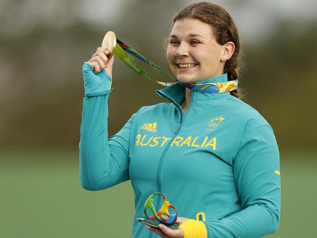 Catherine Skinner celebrates her gold medal success.