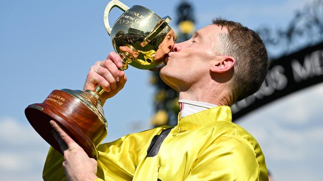 Mark Zahra after winning the 2023 Melbourne Cup on Without A Fight.