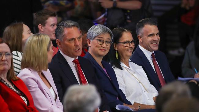 Richard Marles, Deputy Prime Minister of Australia with Senator Penny Wong and South Australian Premier Peter Malinauskas in Adelaide. Picture Matt Turner.