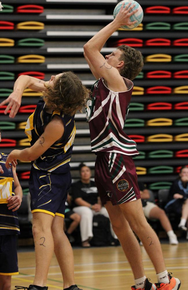 Netball action at QISSN 2024 held in Townsville. (Boys) Mt Maria College v St Catherine's Catholic College