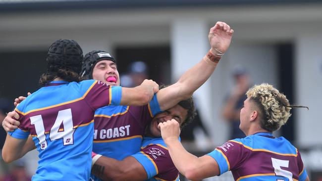 Queensland School Rugby League Championship Finals at Jack Manski Oval, Townsville. South Coast's Ryder Williams of Keebra Park SHS celebrates try. Picture: Evan Morgan