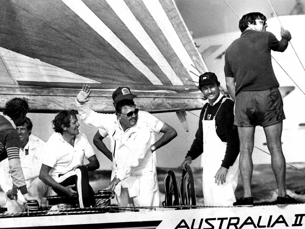 The crew of Australia II – including owner Alan Bond, skipper John Bertrand and designer Ben Lexen – after winning the 1983 America's Cup.