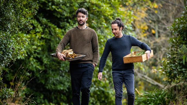 Chefs Tom Tilbury and Kane Pollard forage together in Stirling Forest ahead of their Tasting Australia Winter Series event. Picture: Tom Huntley