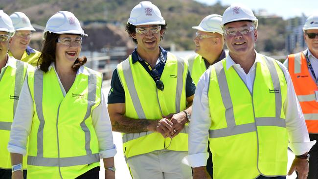 Premier Annastacia Palaszczuk visits the site of the new North Queensland stadium in Townsville with former North Queensland Cowboys player Johnathan Thurston (middle). Picture: Matt Taylor