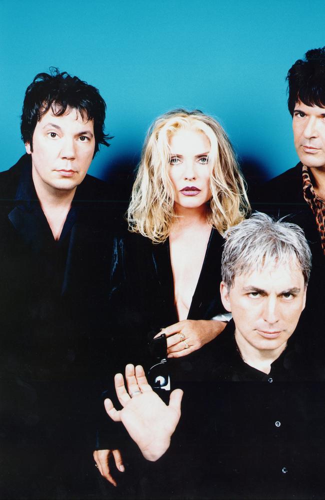 Singer Deborah (Debbie) Harry with members of band 'Blondie'.