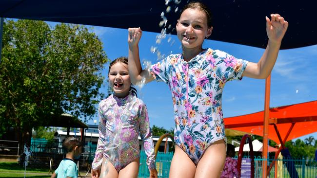 Murphy Wolthers and Isla Wolthers enjoy their school holidays at the Leanyer Recreation Water Park, Darwin. Picture: Pema Tamang Pakhrin