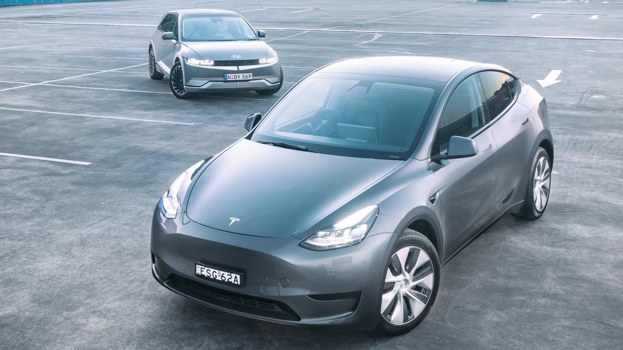 A Tesla Model Y with a Hyundai Ioniq 5 in the background. Picture: Thomas Wielecki