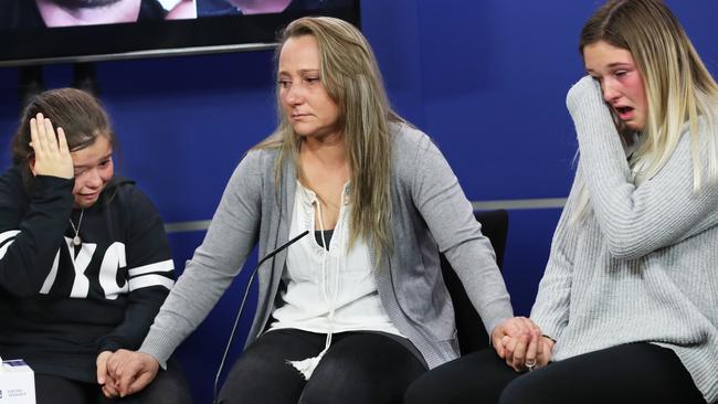 Police hold press conference with family members to appeal for information following the suspicious disappearance of Dalibor 'Dale' Pantic. L to R daughter Maya, sister Bozina and his daughter Klara. Tuesday, June 18.2019. Picture: David Crosling