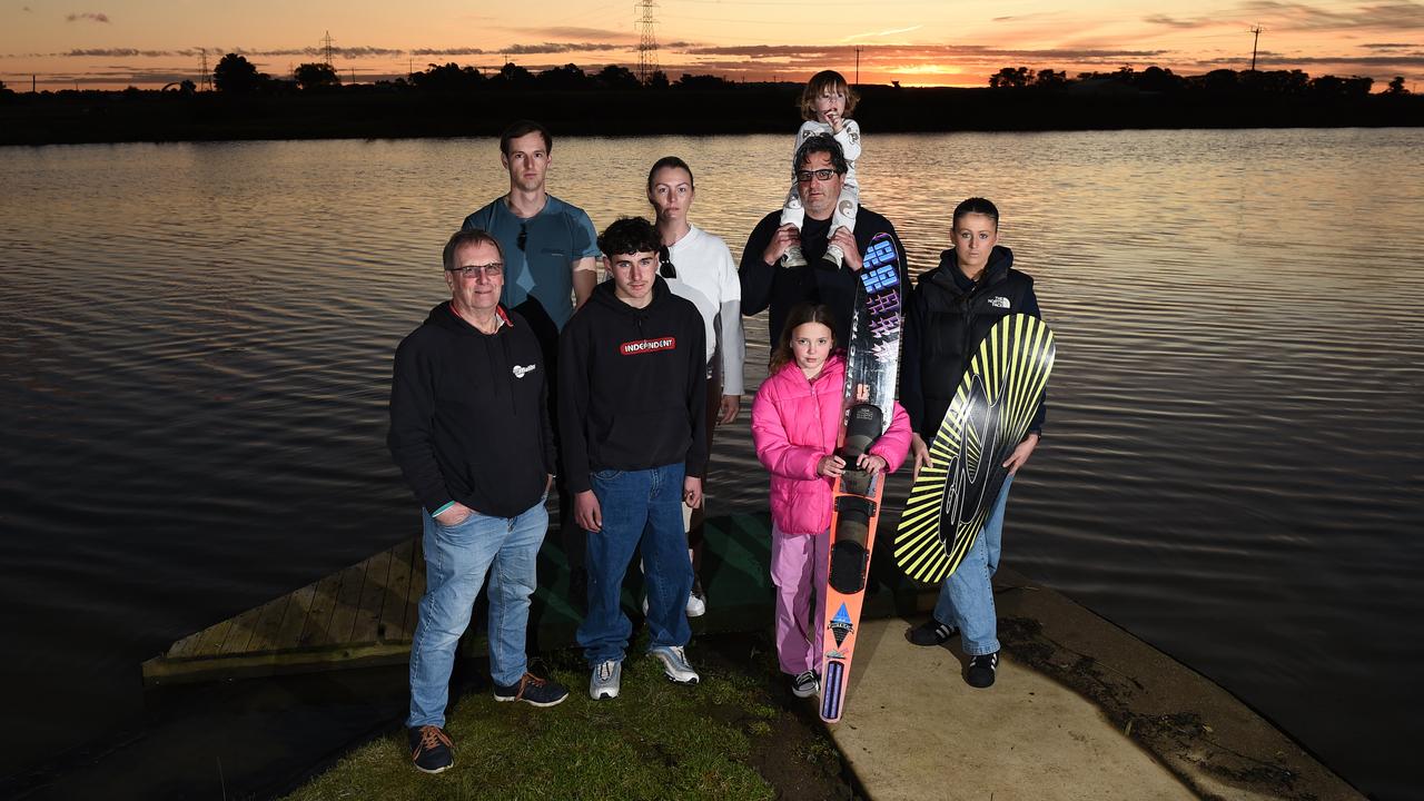 (Left to right) Geelong Water Ski Club members Richard Crisp, Patrick Crisp, David Barbuto, Sophie Secombe, Alyssa Barbuto, Peter Barbuto (club president) with Luca Barbuto and Amanda Perrett. Picture: David Smith