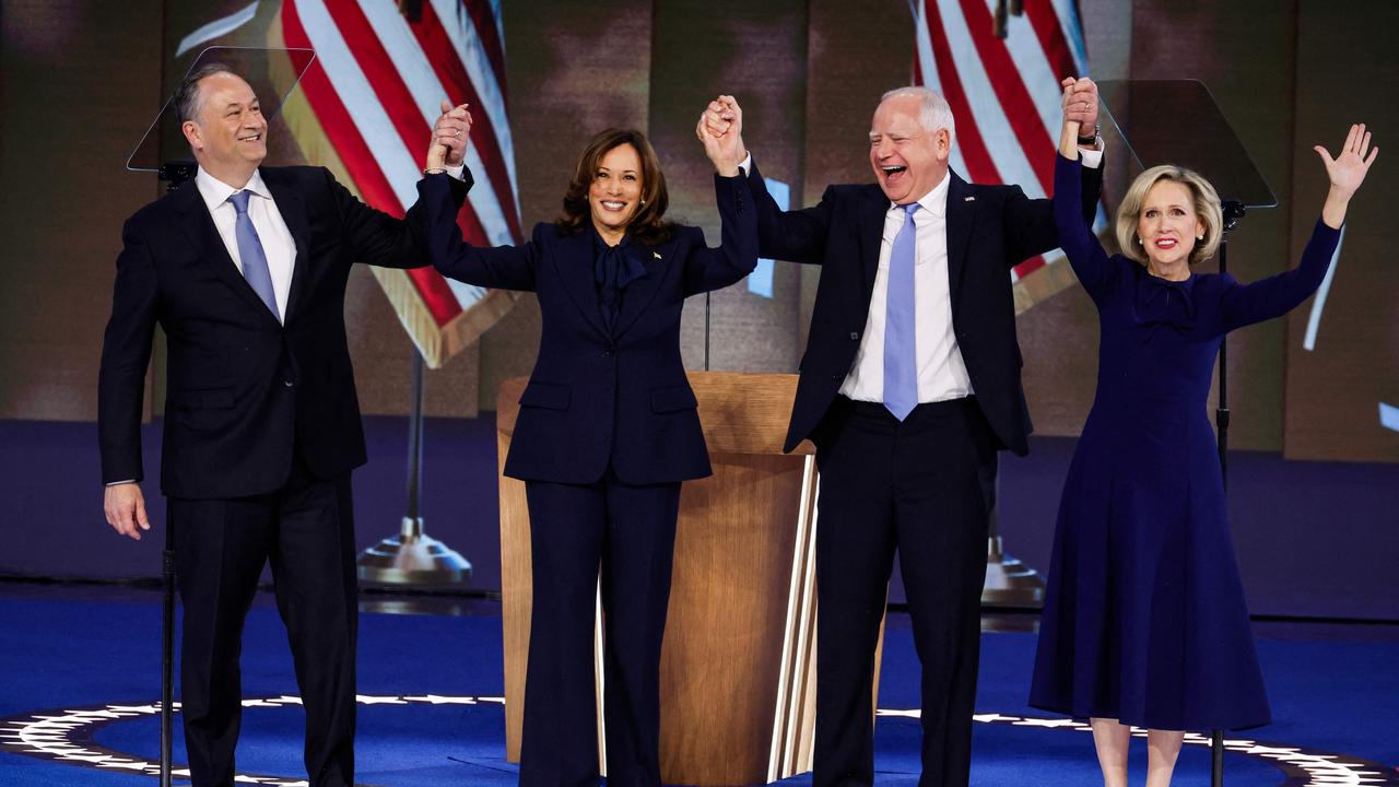 Second gentleman Doug Emhoff, Democratic presidential nominee, U.S. Vice President Kamala Harris, Democratic vice presidential nominee Minnesota Gov. Tim Walz and Minnesota first lady Gwen Walz. Picture: AFP