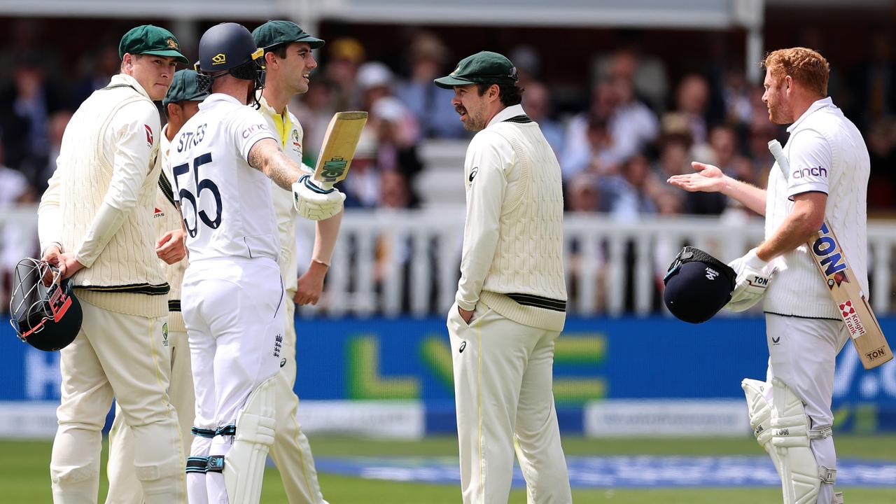 Stokes (front) had words for the Australians after the controversial dismissal. (Photo by Ryan Pierse/Getty Images)