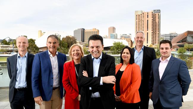 Nick Xenophon with his first six SA Best candidates (l-r) Graham Davies (Waite), Simon Jones (Morphett), Hazel Wainwright (Mawson), Nick Xenophon, Kelly Gladigau (Hammond), John Illingworth (Heysen), Rhys Adams (Finniss). Picture: Tricia Watkinson