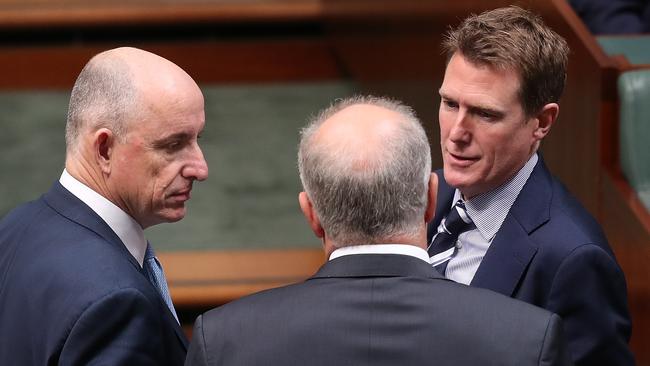 Stuart Robert, Prime Minister Scott Morrison and Attorney-General Christian Porter. Picture: Kym Smith