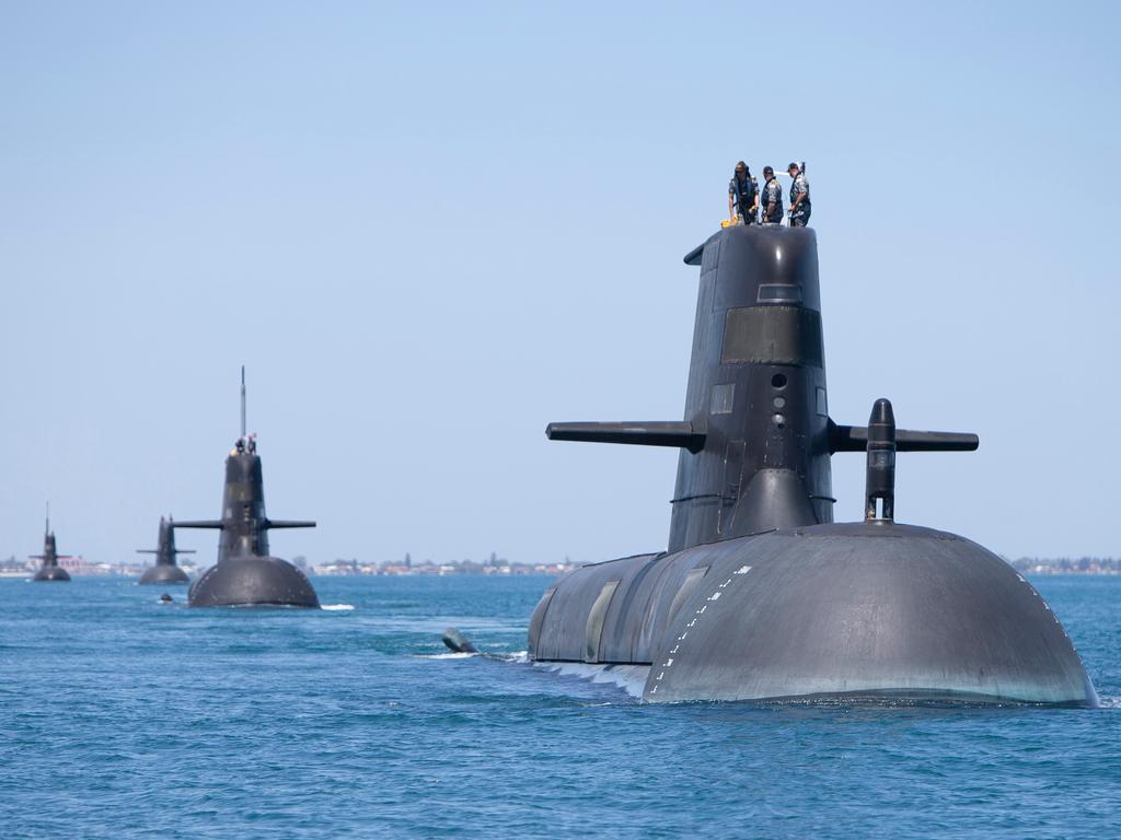 Collins Class Submarines, HMAS Collins, HMAS Farncomb, HMAS Dechaineux and HMAS Sheean in formation while transiting through Cockburn Sound, Western Australia.