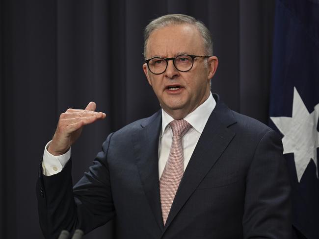 CANBERRA, AUSTRALIA, NewsWire Photos. APRIL 16, 2024: The Prime Minister, Anthony Albanese, Director-General of Security of ASIO, Mike Burgess, and the Commissioner of the Australian Federal Police, Reece Kershaw hold a press conference at Parliament House in Canberra. Picture: NCA NewsWire / Martin Ollman