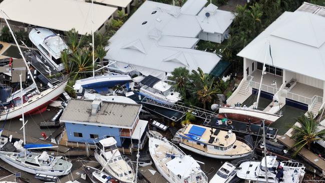 Ten year anniversary of Cyclone Yasi. Severe Tropical Cyclone Yasi 2011. Port Hinchinbrook aerial view of luxury yachts and boats that bore the brunt of the destructive winds and storm surge. Picture: Evan Morgan
